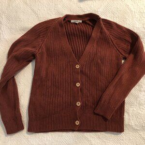 Emerson Fry Cardigan XS Low V Crop Spiced Apple Red Brown Organic Cotton